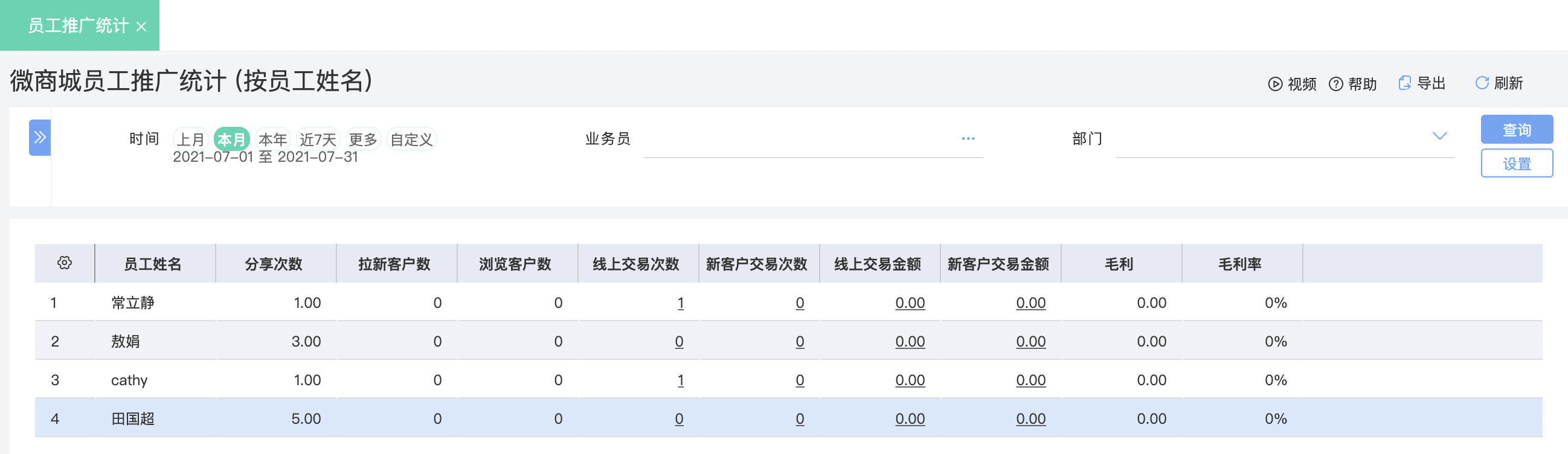 用友畅捷通在线商城在后续的营销推广过程中如果统计员工的推广统计？